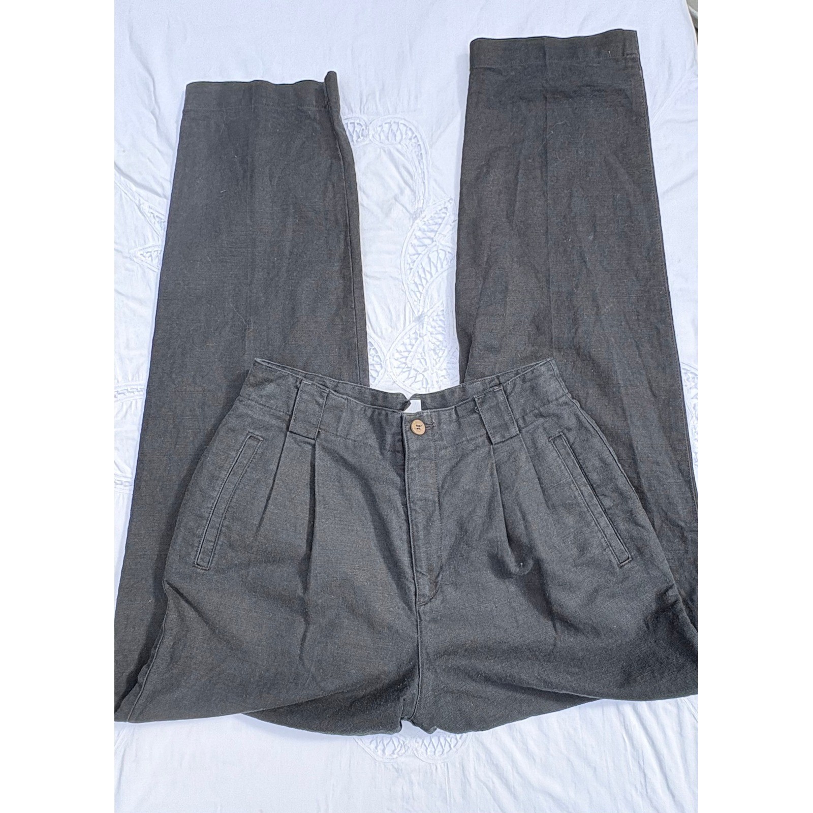 Vintage Linen High Waisted Pleated Cotton Blend Trousers Black Lizsport Size 8 Vintage Linen High Waisted Pleated Cotton Blend Trousers Black Lizsport Size 8