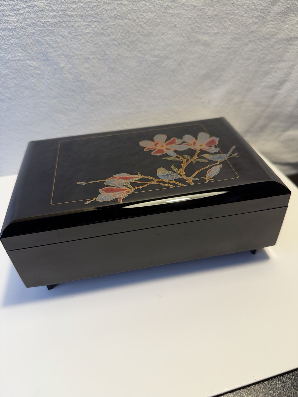 Vintage Japanese Black Lacquerware Music Jewelry Box Bird Flower Velvet K Japan