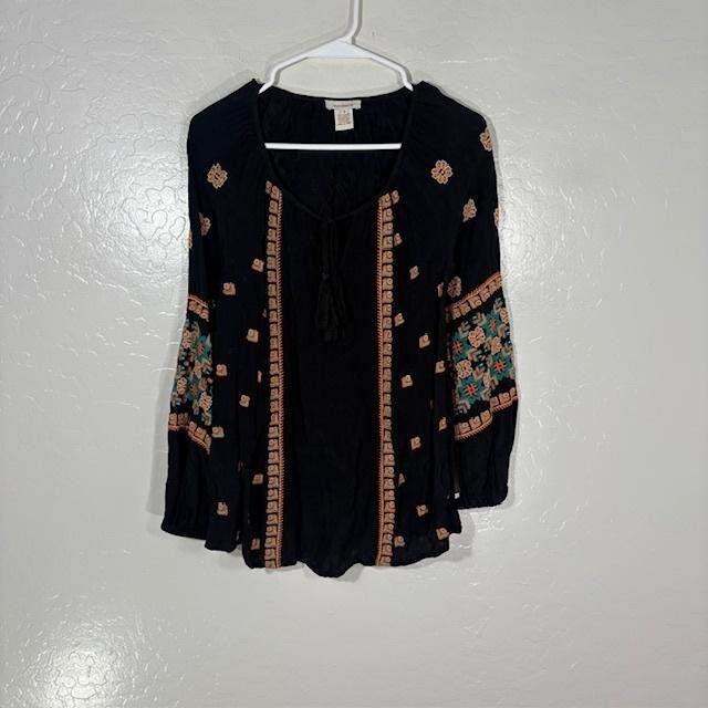 Sundance Tunic Blouse Womens Small Black Embroidered Boho Bell Sleeve Tassel Top