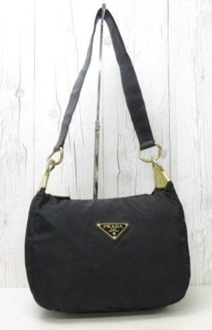 PRADA Tessuto Large Triangle Logo Shoulder Bag Nylon Leather Black