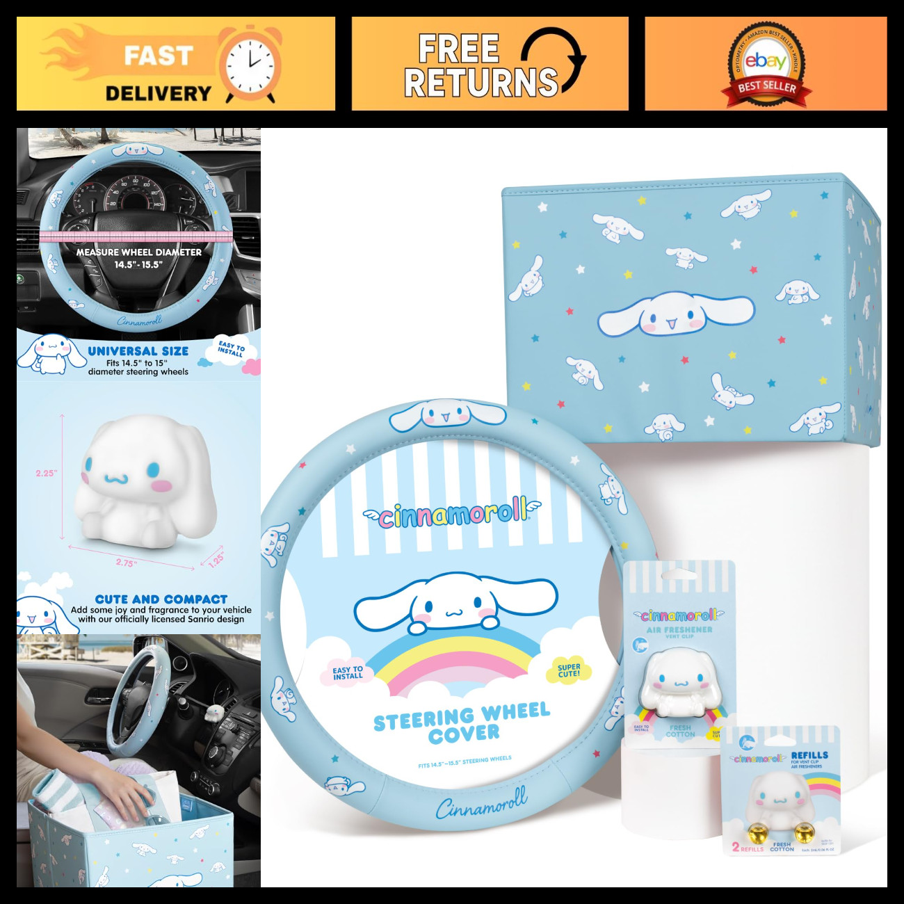 Cute Cinnamoroll Car Trunk Organizer, Steering Wheel Cover & Air Freshener Set -