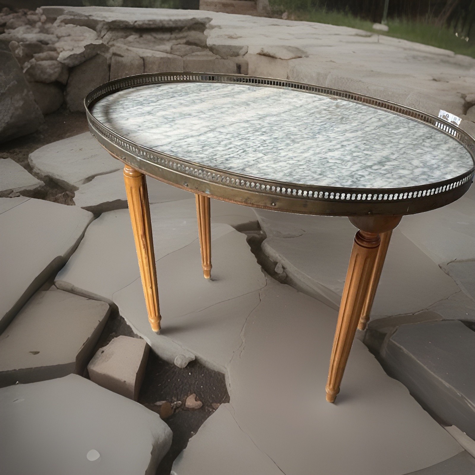 FRENCH Louis XVI Style Oval Marble Top Brass Edge Side Table FRENCH Louis XVI Style Oval Marble Top Brass Edge Side Table