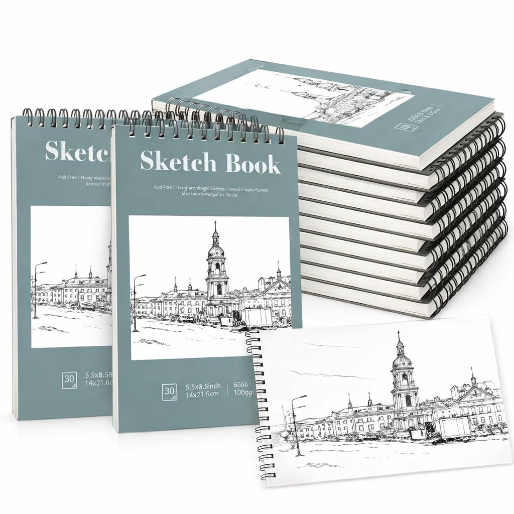 12 Pack Sketch Books 5.5 × 8.5 in, Top Spiral, 30 Sheets, Acid Free