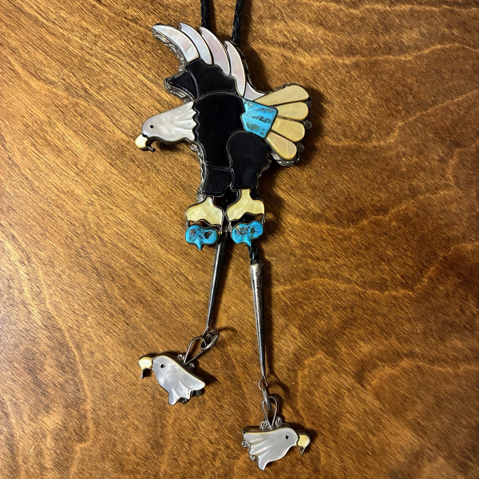 Zuni Eagle Bolo Ray & Eva Wyaco Sterling Silver Inlaid Turquoise Shell Vintage Zuni Eagle Bolo Ray & Eva Wyaco Sterling Silver Inlaid Turquoise Shell Vintage