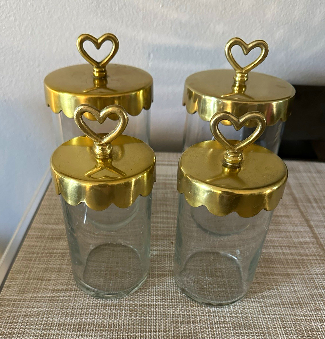 Vintage Emily & Meritt Glass Beauty Jars with Brass Scalloped Lids Heart Finials