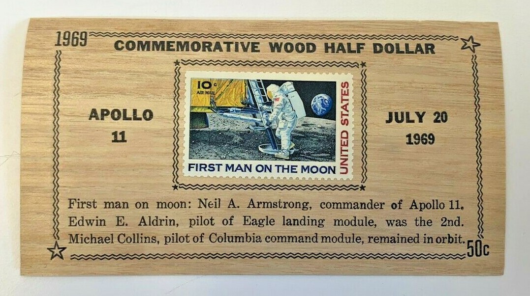Vintage Commemorative Armstong Wooden Half Dollar Token First Man On Moon Stamp