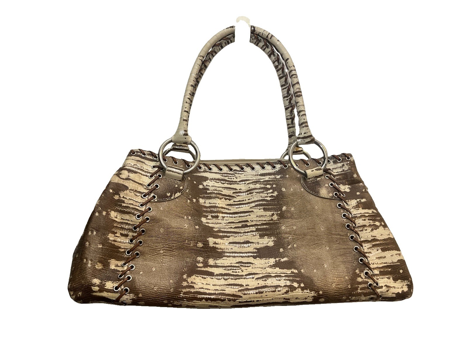Vintage Sondra Roberts Brown Croc Embossed Whipstitched Leather HandBag Satchel