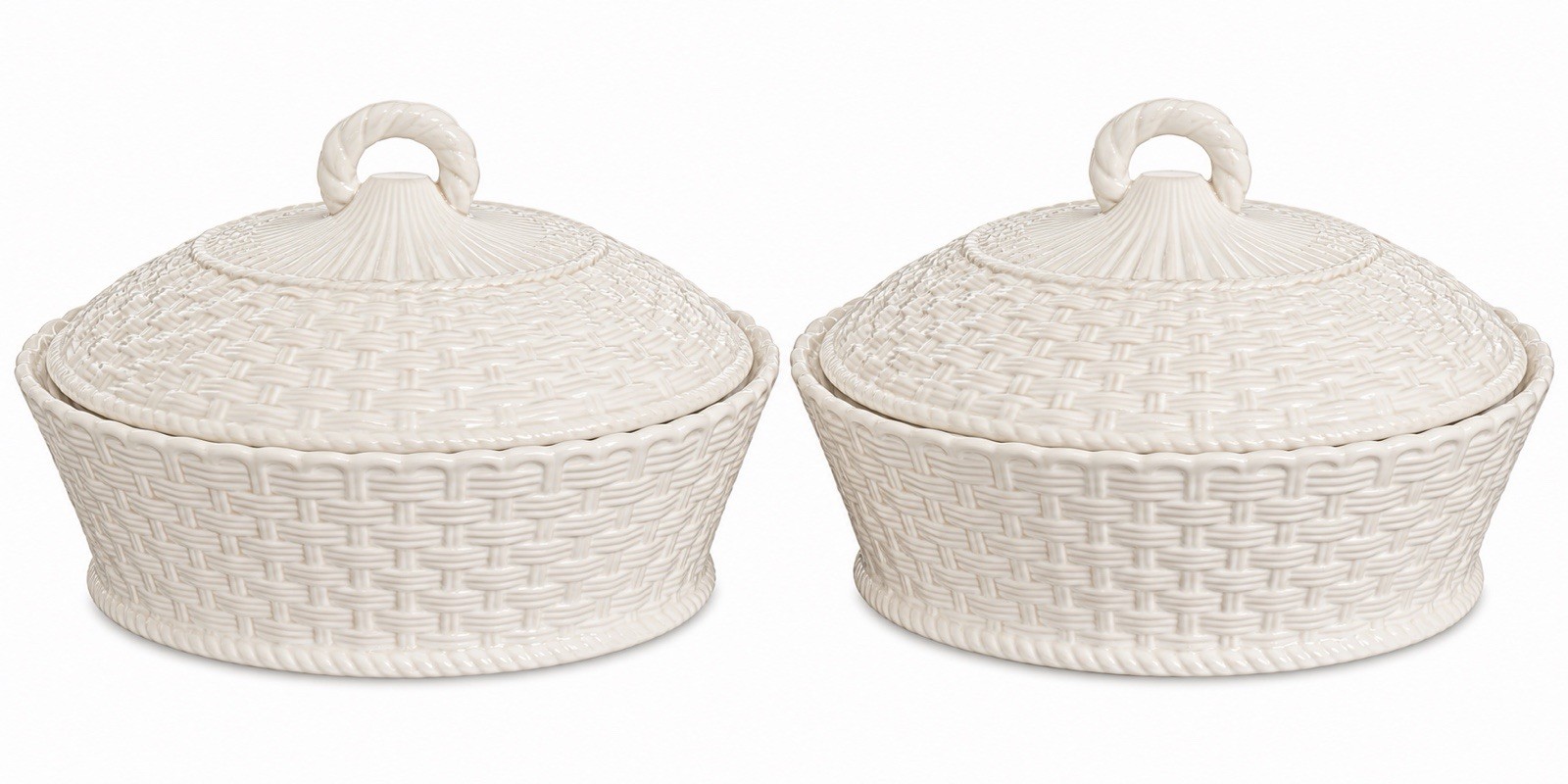 Pair Two Belleek Everyday Oval Covered Casserole Dish Basket Weave Creamware Pair Two Belleek Everyday Oval Covered Casserole Dish Basket Weave Creamware