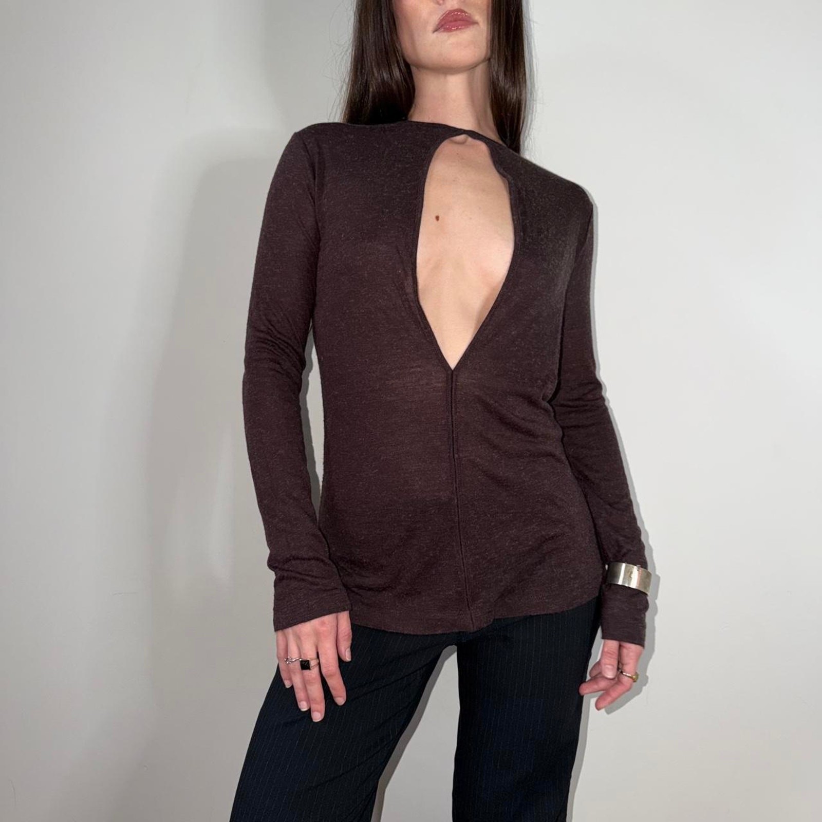 T by Alexander Wang Eggplant Purple Plunging V Long Sleeve Top XS