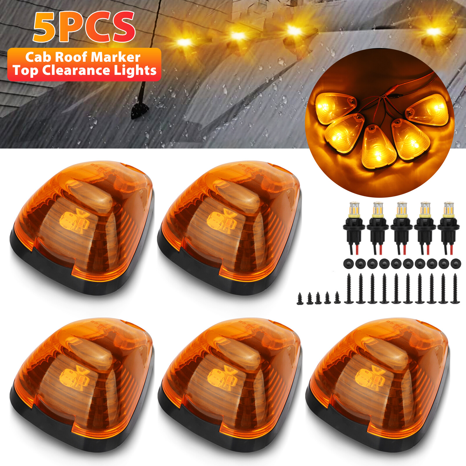 5X Amber LED Cab Roof Marker Lights Kit For 99-16 Ford F250 F350 F450 Super Duty