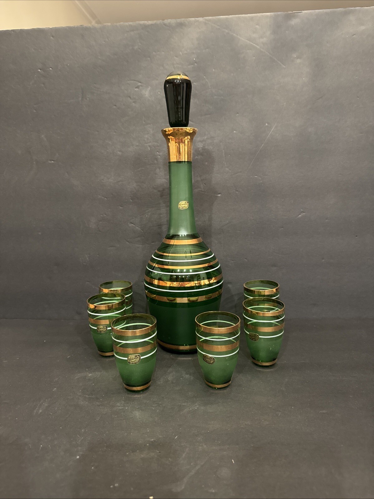 New Vintage Bohemia Crystal Decanter Set W 6 Glasses Green Gold Czech New Vintage Bohemia Crystal Decanter Set W 6 Glasses Green Gold Czech