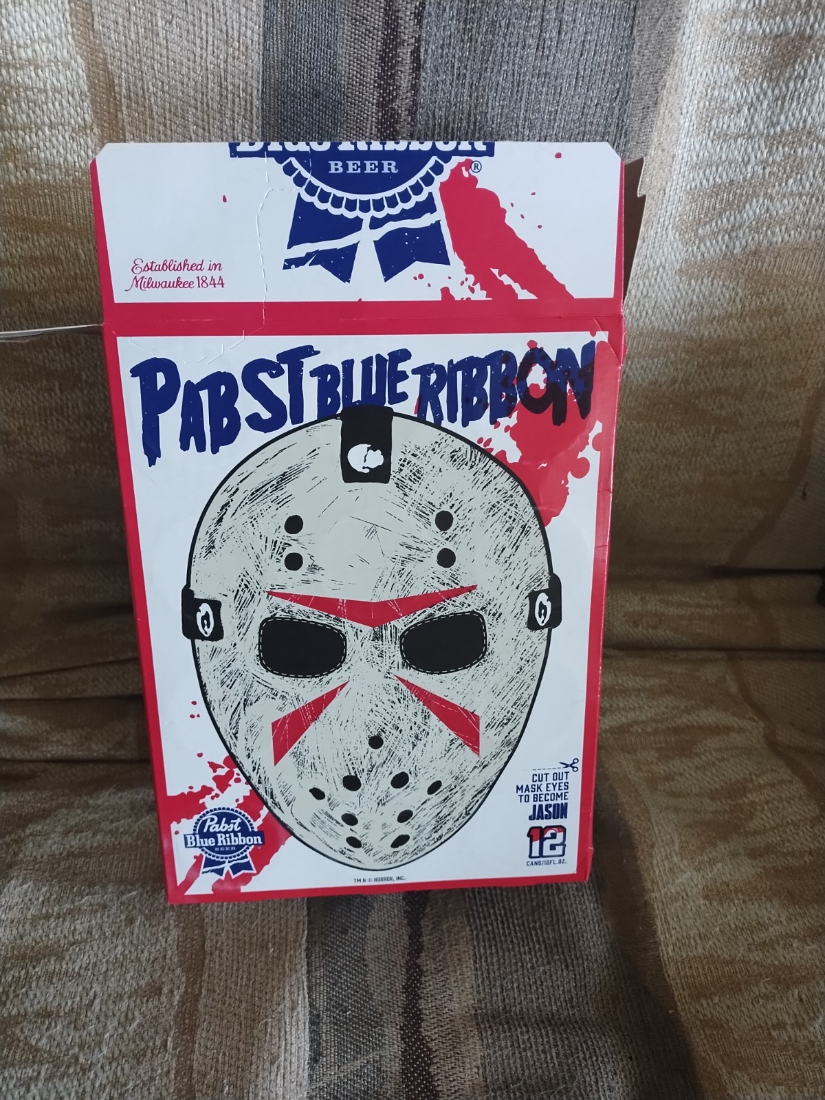 Jason Friday the 13th Mask Pabst Blue Ribbon Box *empty Halloween Edition Jason Friday the 13th Mask Pabst Blue Ribbon Box *empty Halloween Edition
