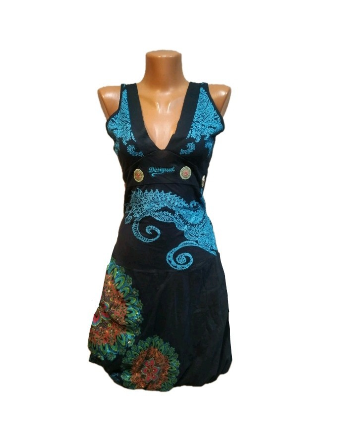 Desigual Black Blue Mandala Dress XS Boho Festival Sequin Sparkly Open Back