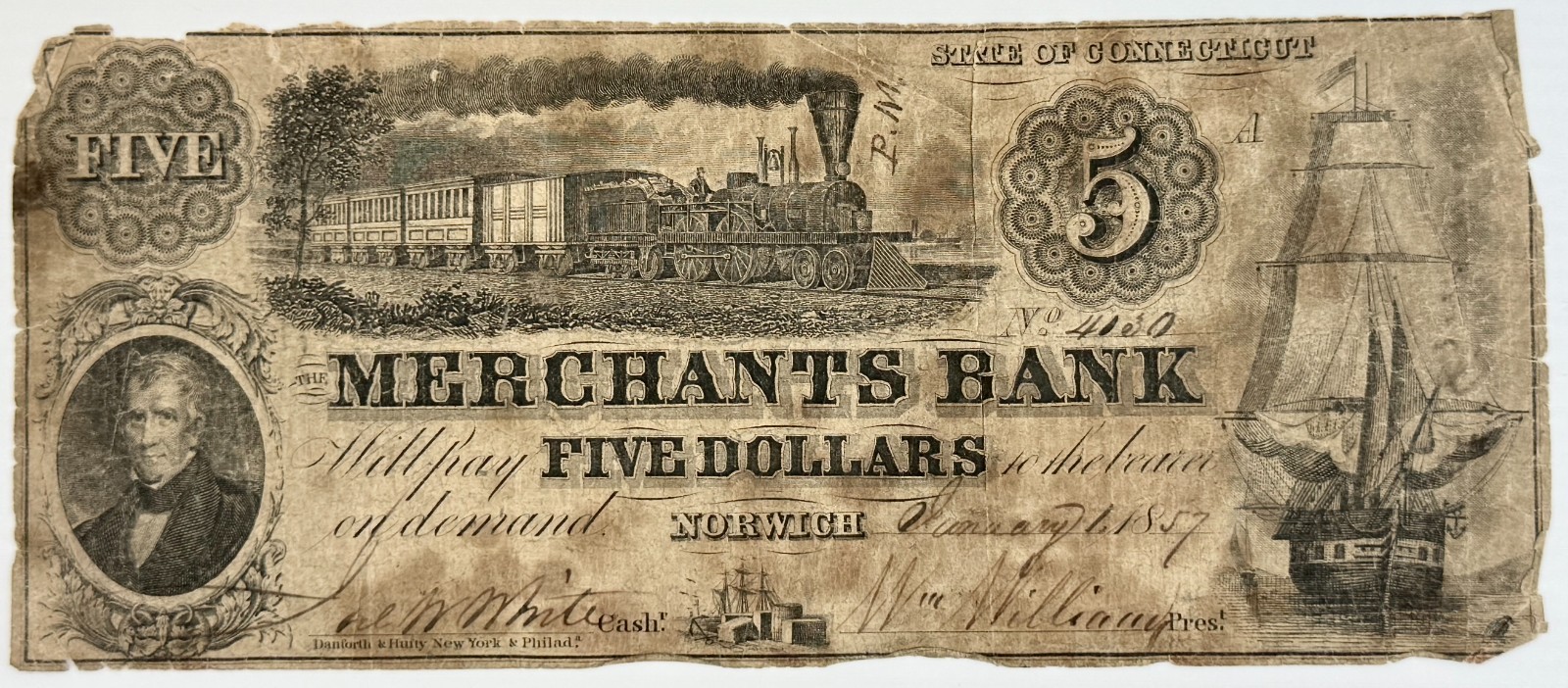 1857 $5 The Merchants Bank of Norwich (CT) Spurious Note -      Haxby CT-350-S15