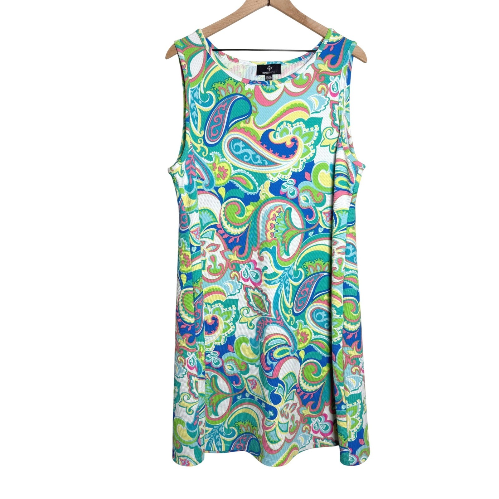 Ronni Nicole Womens Tank Dress XXL Blue Pink Paisley Textured Vacation 70s