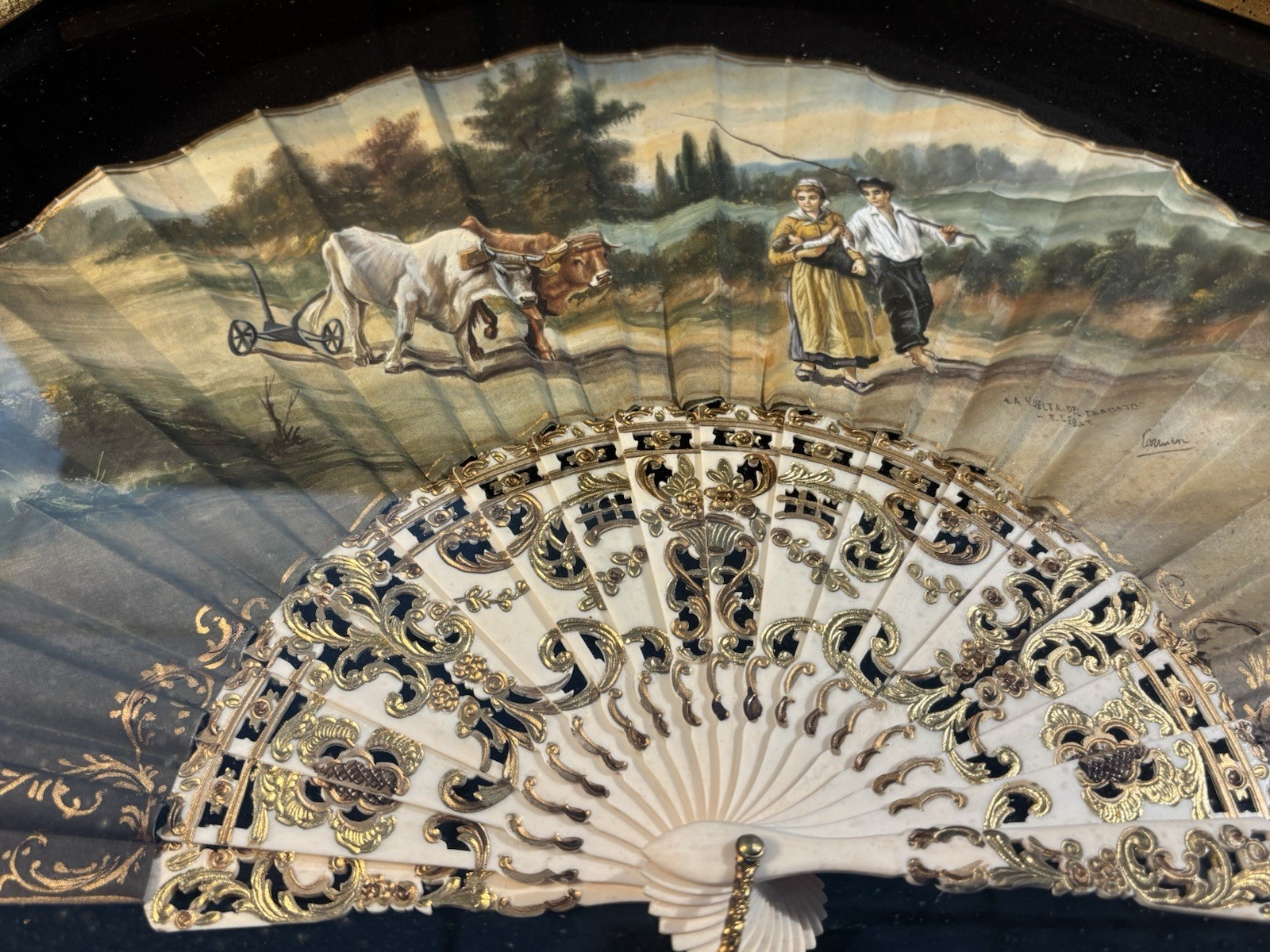 Antique European Handpainted Folding Fan, Lovely Pastoral Scene
