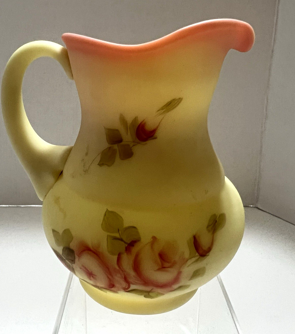 Vintage Fenton Burmese Creamer Pitcher Roses Hand Painted Signed Uranium Glow 