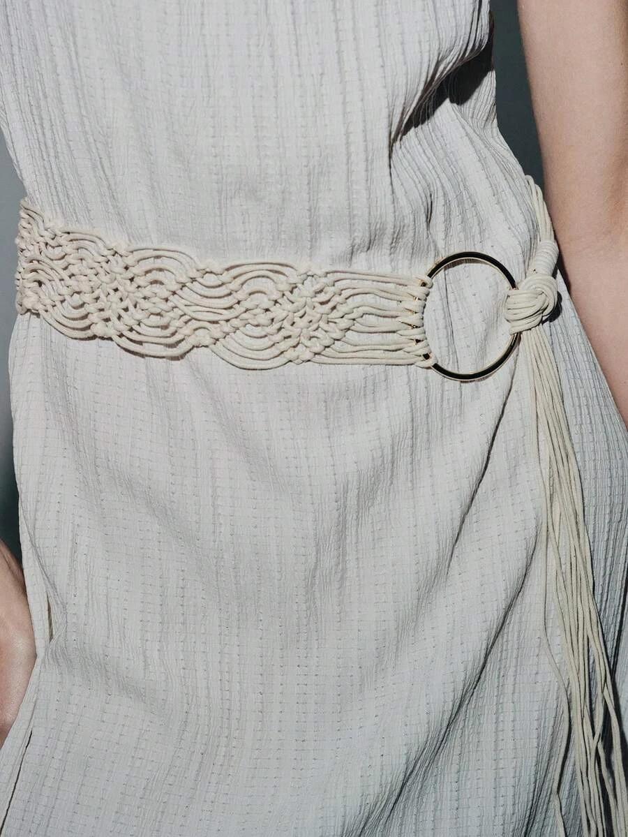 1pc Women\'s Beige Boho Woven Belt Handmade Braided Waist Belt Summer Fashion