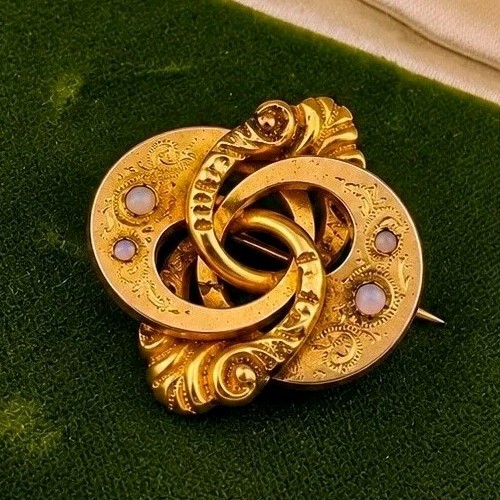 Victorian Antique Gold Tone Love Knot Pendant Brooch Gyspy Opalescent Cabochons 