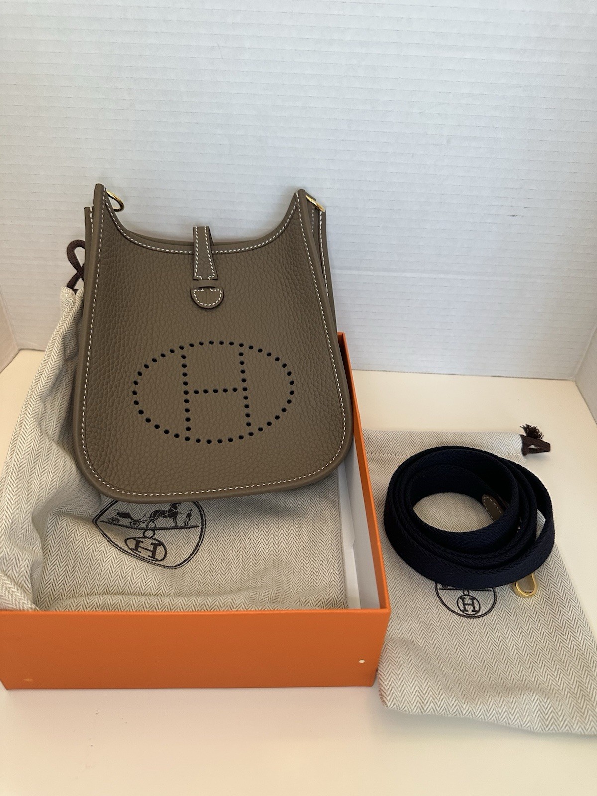 Hermes Mini Evelyne, Etoupe (Gold Hardware) Navy Strap, New
