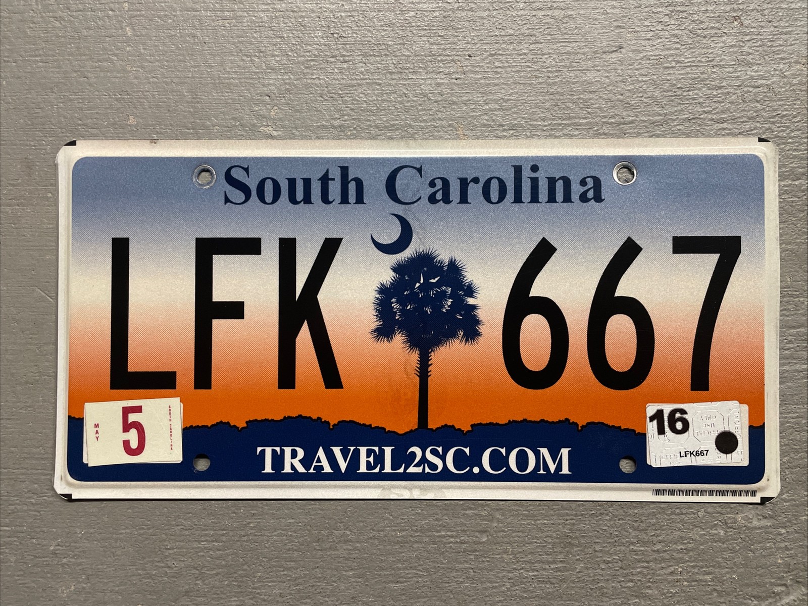 VINTAGE SOUTH CAROLINA LICENSE PLATE SUNRISE/ PALMETTO RANDOM LETTERS/NUMBERS VINTAGE SOUTH CAROLINA LICENSE PLATE SUNRISE/ PALMETTO RANDOM LETTERS/NUMBERS