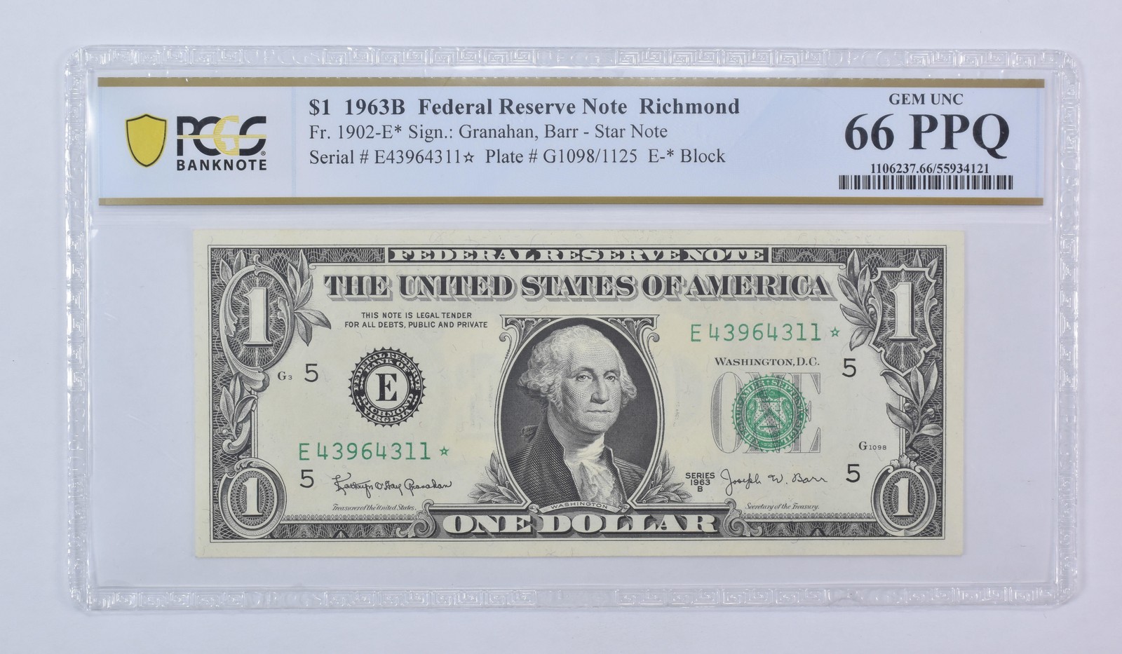1963 B $1 Richmond VA FRN Star Note Fr#1902-E* Gem Unc 66 PPQ PCGS Barr