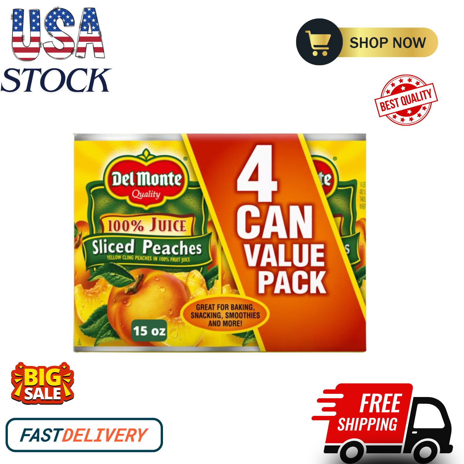 Del Monte Yellow Cling Sliced Peaches in 100% Juice, 15 oz Can (Pack of 4) Canne
