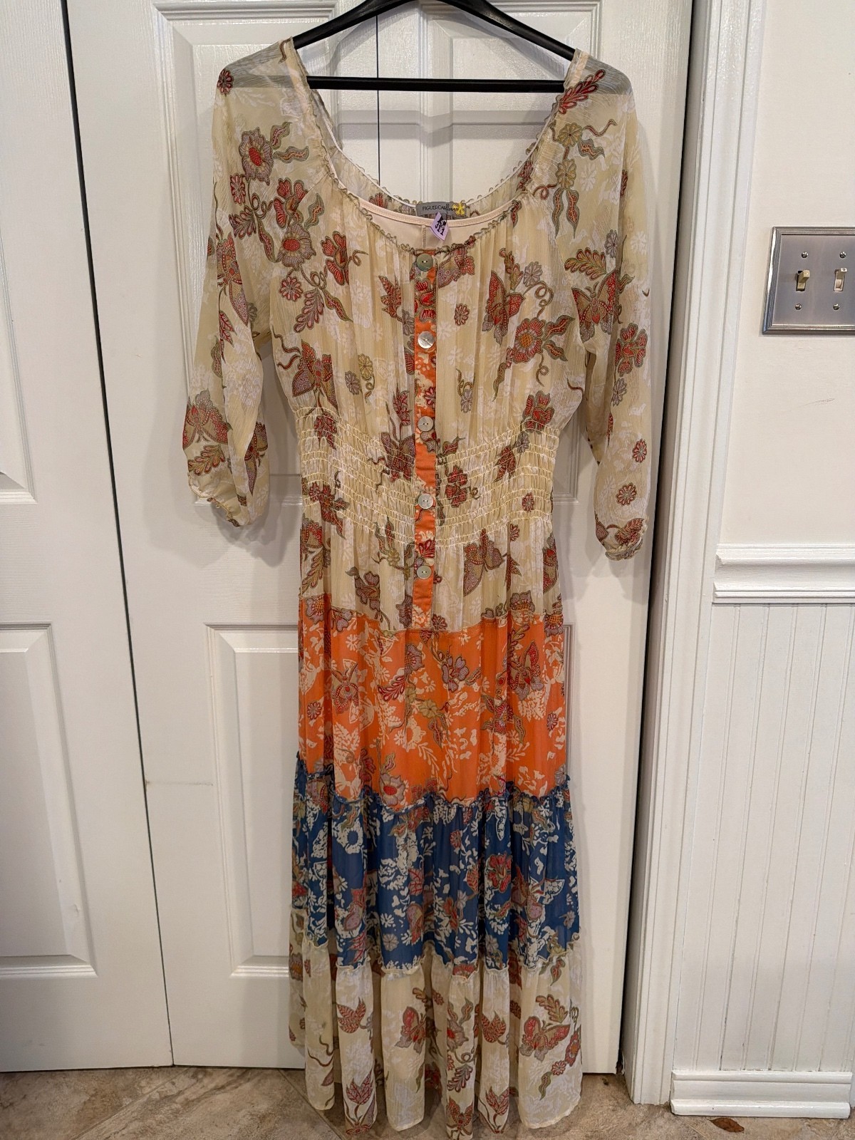 Fig & Flower Boho floral Patchwork maxi  Size XL Smocked Waist Tiered Ruffle