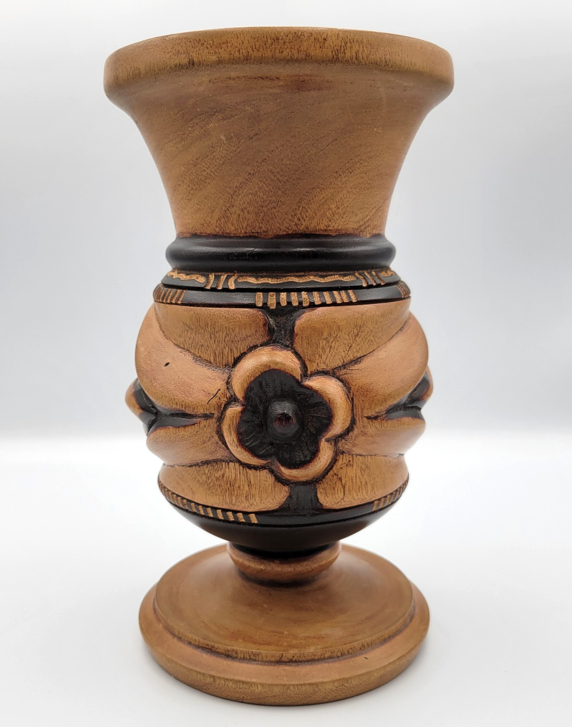 Vtg Hand Crafted Carved Mimosa Wood Pedestal Vase Floral Motif 9\ Vtg Hand Crafted Carved Mimosa Wood Pedestal Vase Floral Motif 9\