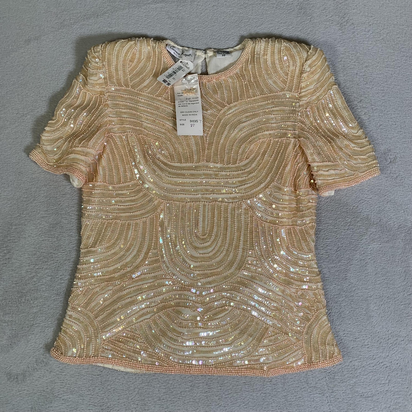 Vintage Laurence Kazar Blouse Womens Petite PP Beaded Sequin Short Sleeve Silk