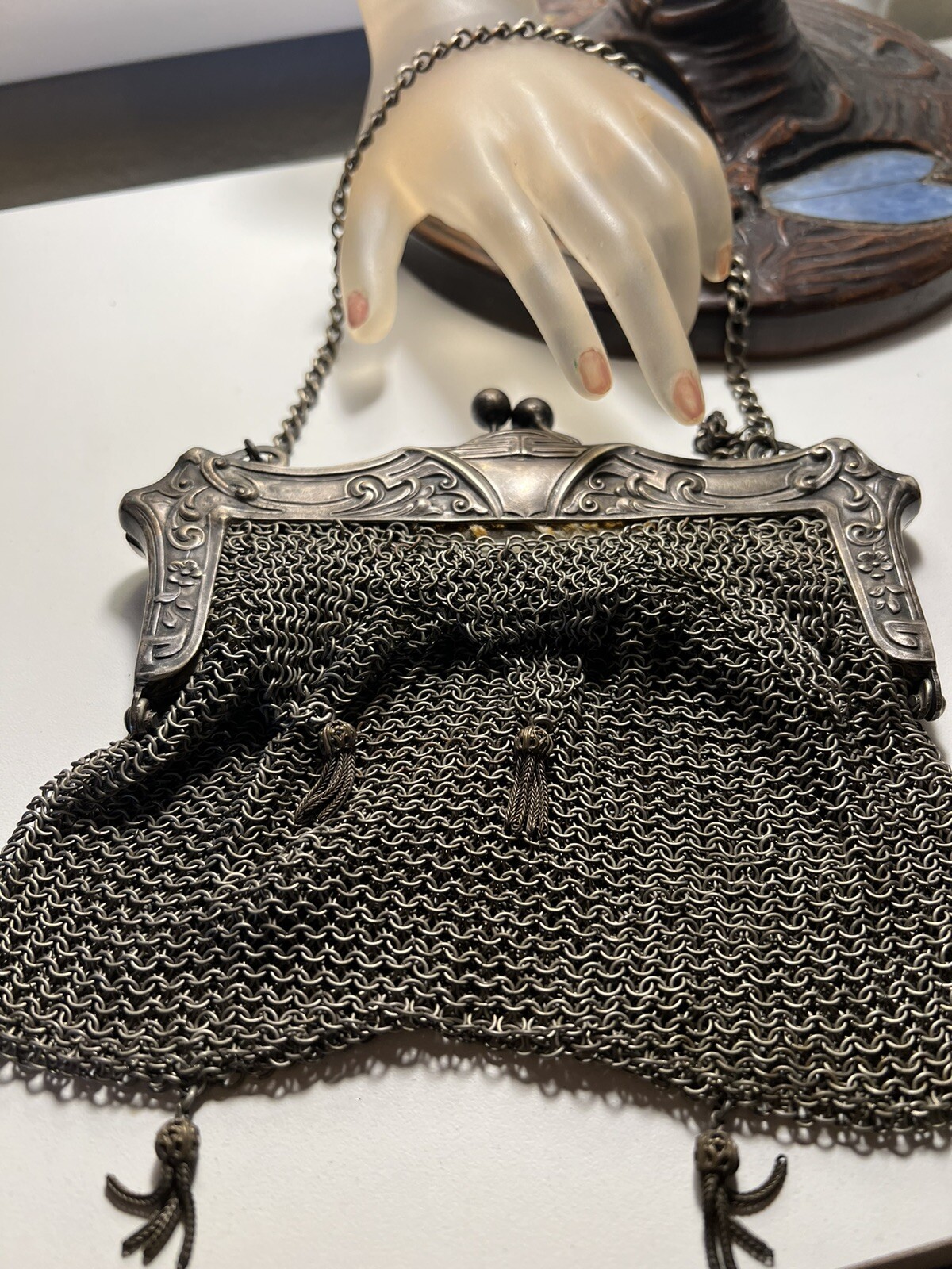 Victorian Unique GERMAN SILVER Mesh EVENING Bag Ornate Frame KISS Lock Project