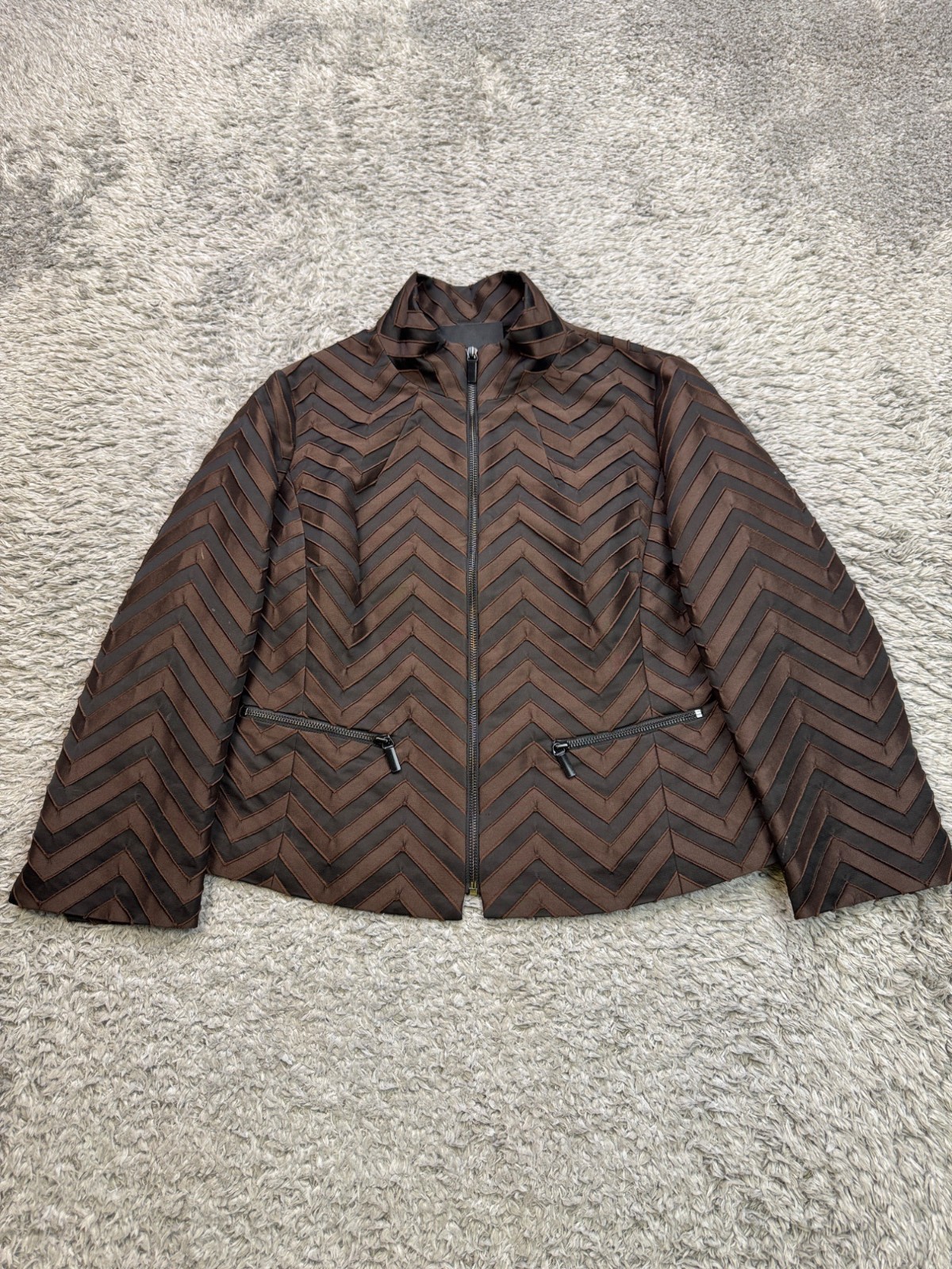 Carlisle Jacket Women 4 Brown Crushed Velvet Chevron Striped Crop Full Zip Coat