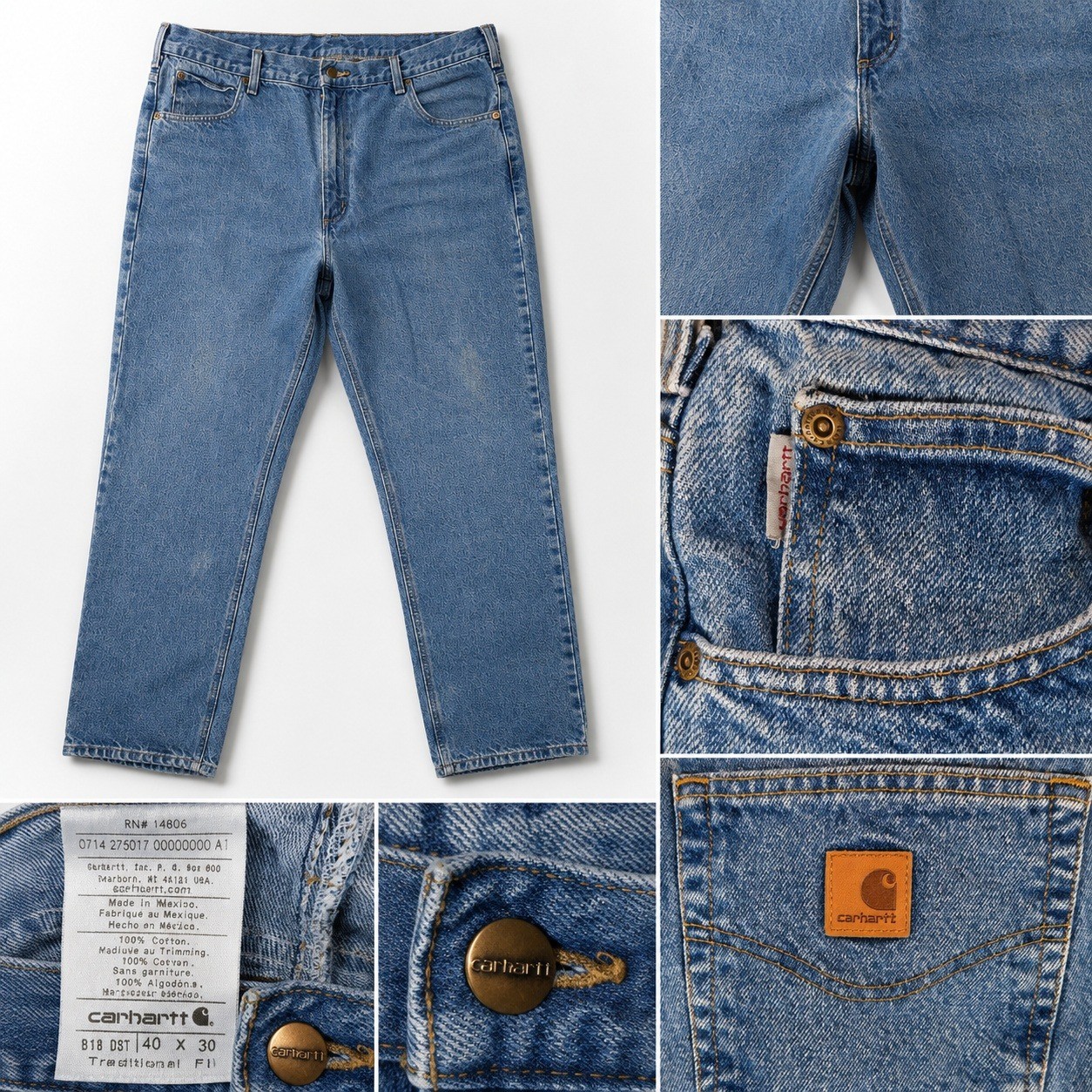 Carhartt B18 DST Men 40x30 Blue Traditional Fit Straight Leg Denim Work Jeans