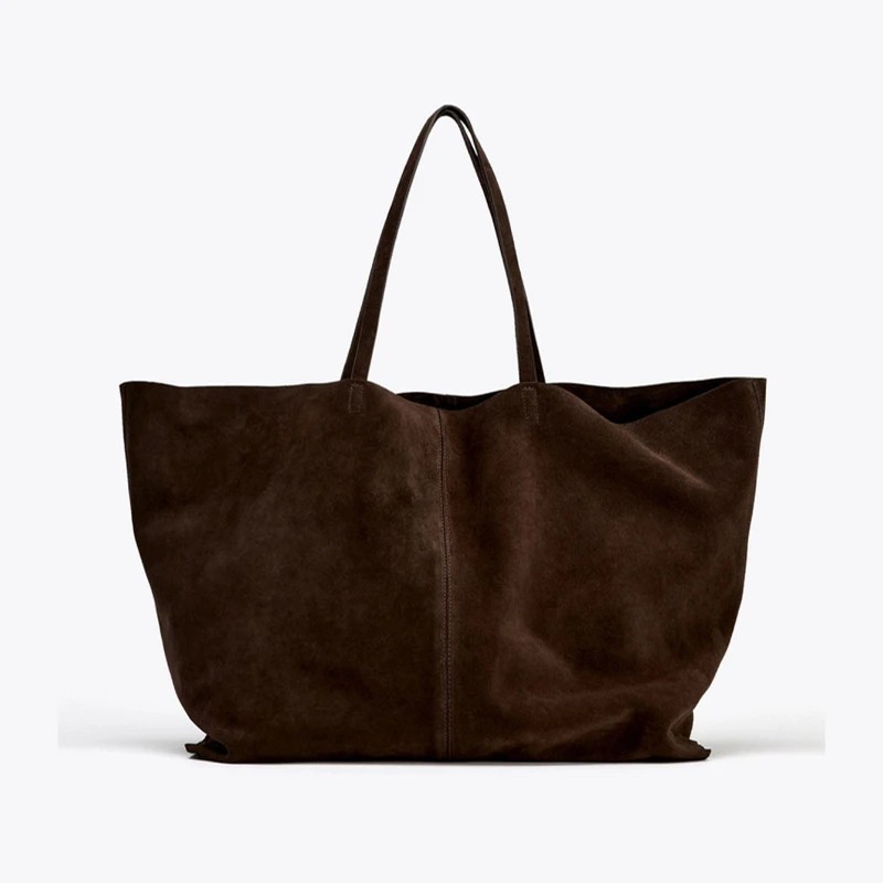 Women Genuine Suede Cowhide Leather Tote Bag Large Bowling Shoulder Shopper Bag