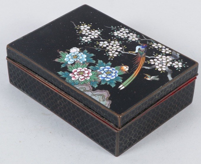 Antique 19th Japanese Black Enamel Cloisonné Inaba Kyoto jewelry Box Meiji Era