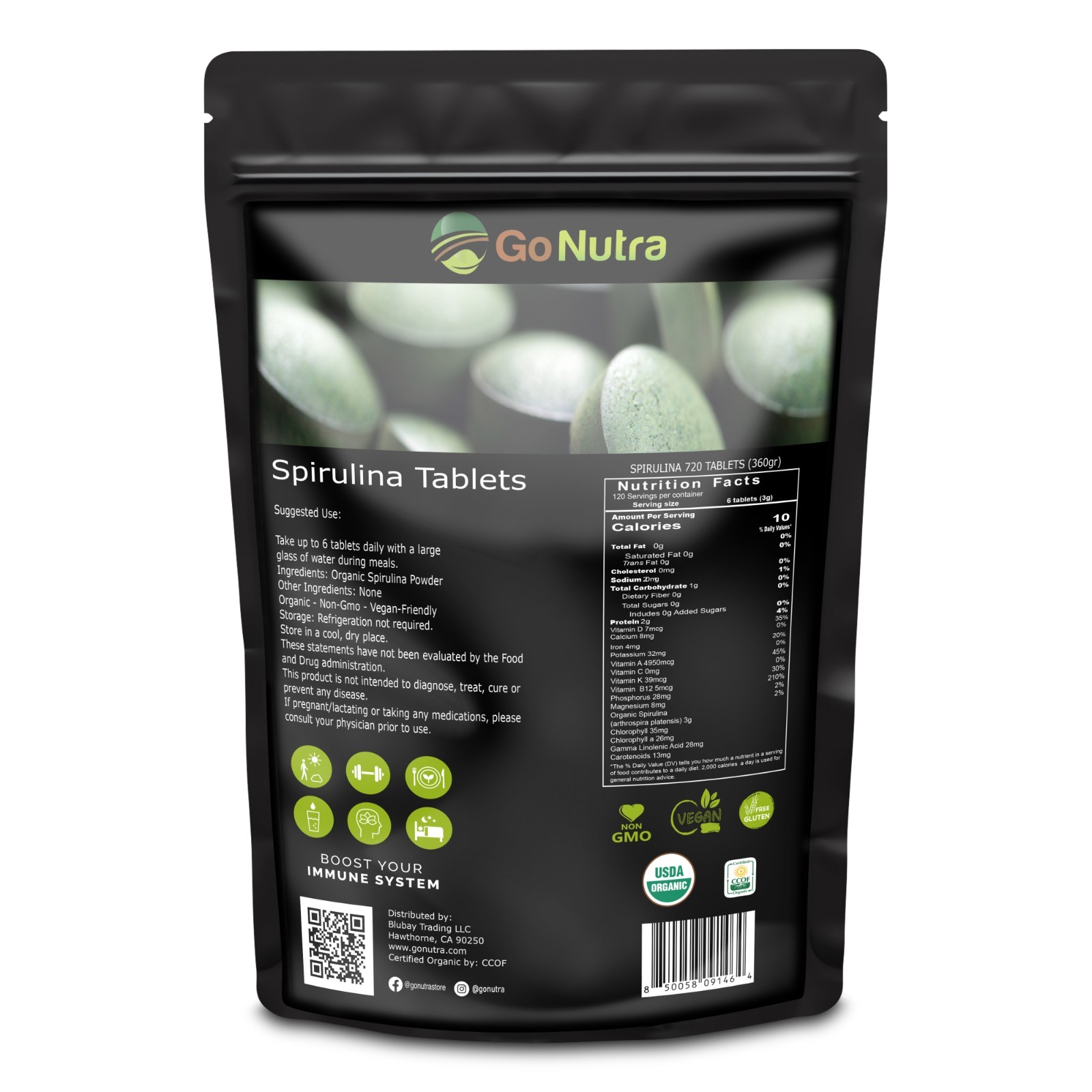 Organic Chlorella Spirulina Tablets 50/50 Mix, 500mg, 720 count, 4 month supply