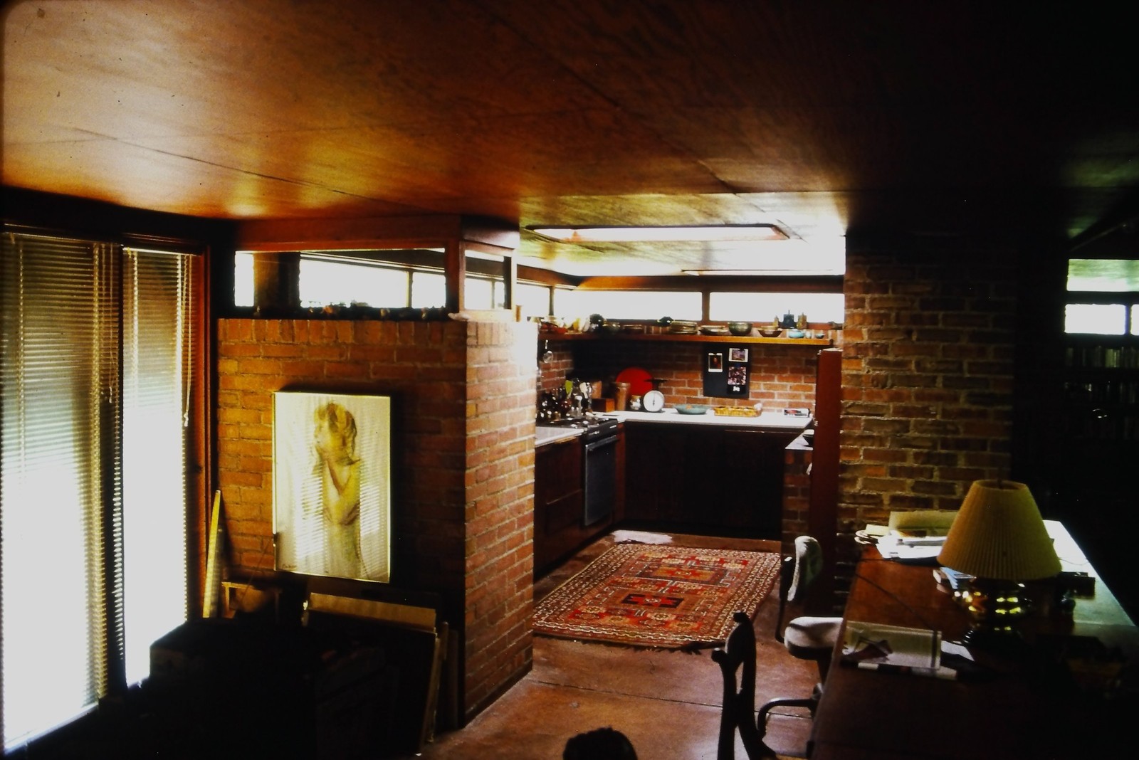 c1970's 35mm Slide, Mid Century Modern Brick Kitchen Interior Design Window