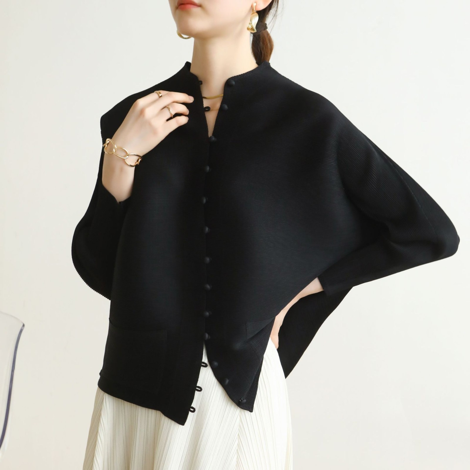 Pleats Please Issey Miyake Fabric Pleated Long Sleeve Shirts with Buttons