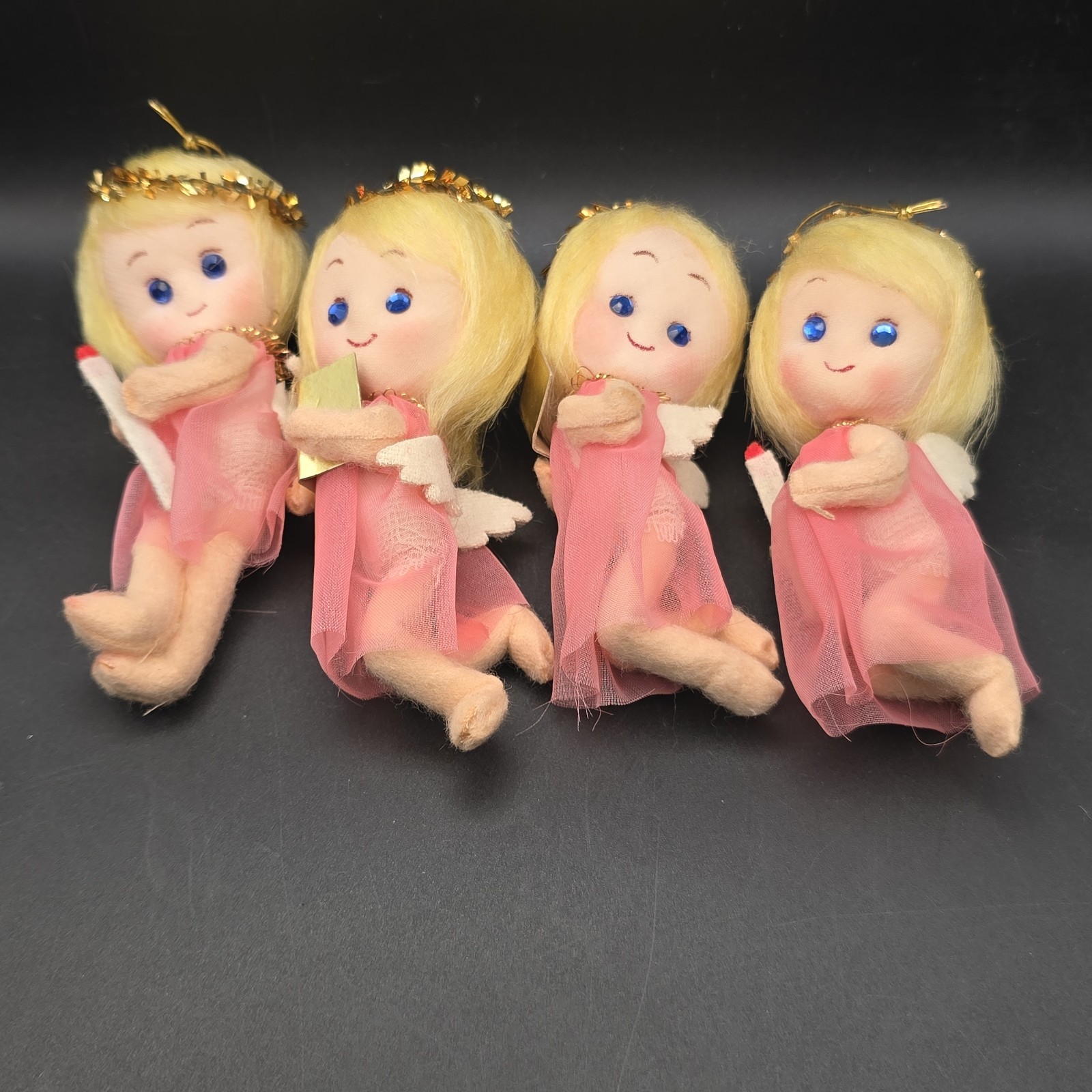 Vtg 4 Small Pixie Angel Hanging Ornament 50s Tinsel Halo Jeweled Eyes Pink ~4 Vtg 4 Small Pixie Angel Hanging Ornament 50s Tinsel Halo Jeweled Eyes Pink ~4