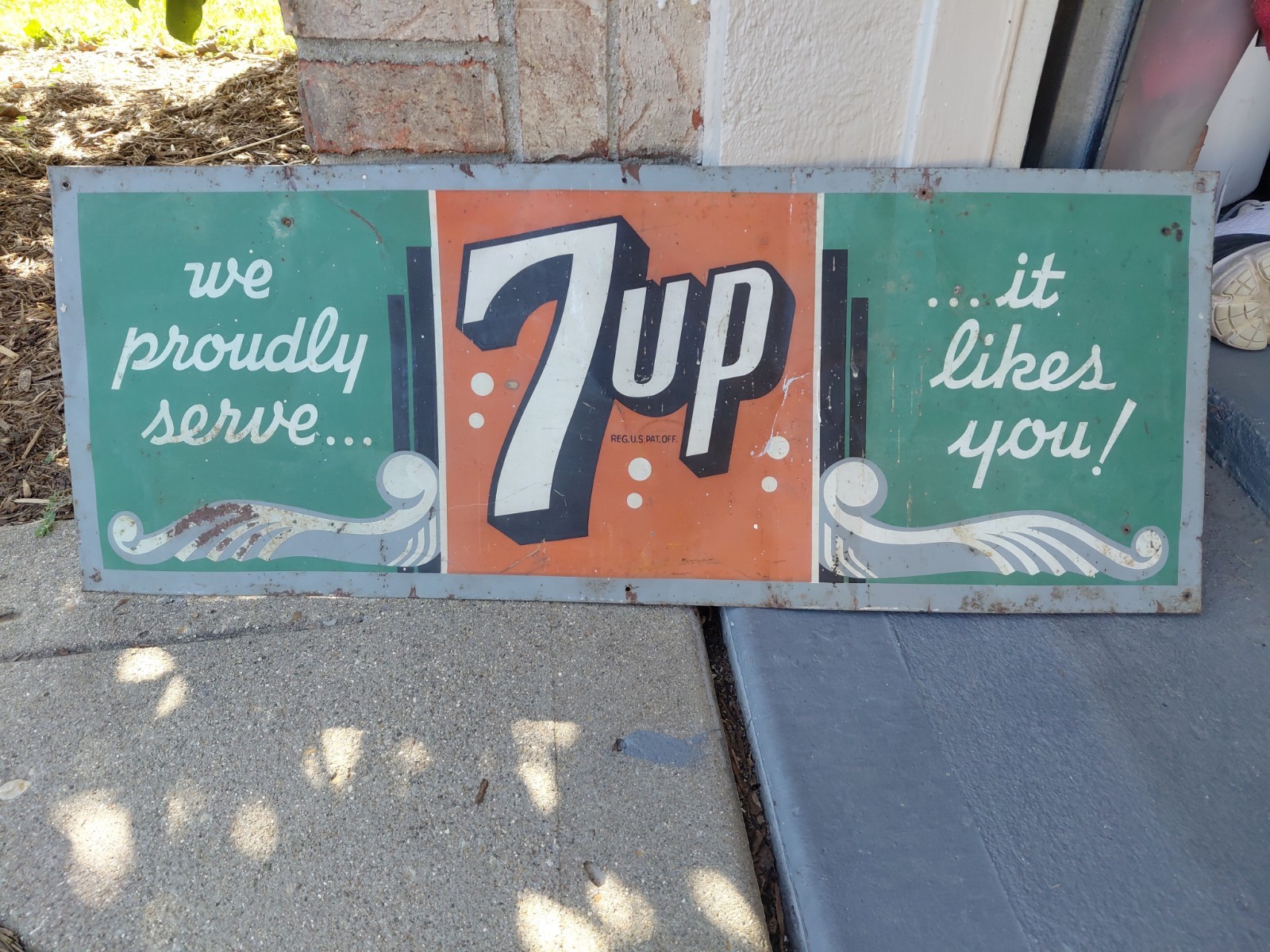 c.1940s Original Vintage 7up Sign Metal It Likes You We Proudly Serve VERY EARLY c.1940s Original Vintage 7up Sign Metal It Likes You We Proudly Serve VERY EARLY