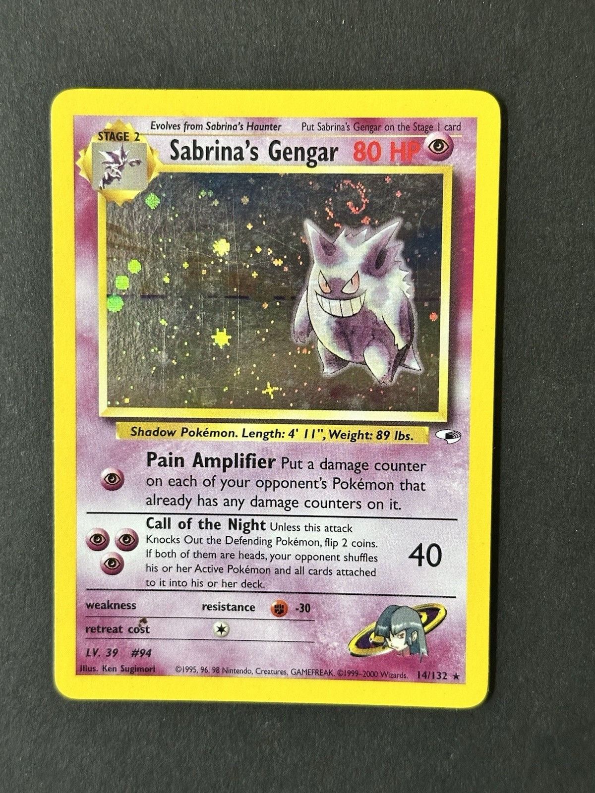 Sabrina’s Gengar 14/132 Holo SWIRL Gym Heroes Pokemon 2000 Sabrina’s Gengar 14/132 Holo SWIRL Gym Heroes Pokemon 2000