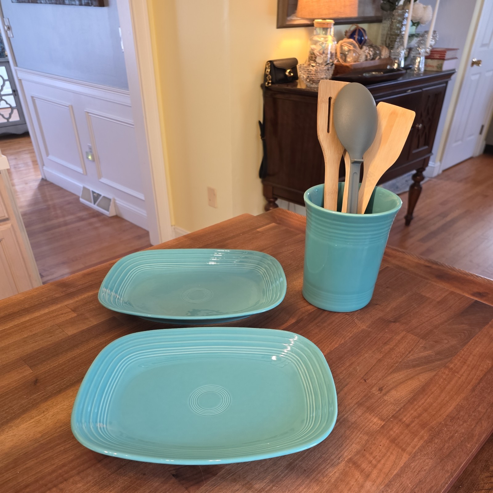 Set Homer Laughlin Fiesta Turquoise Serving Platters and Utensil Canister Set Homer Laughlin Fiesta Turquoise Serving Platters and Utensil Canister