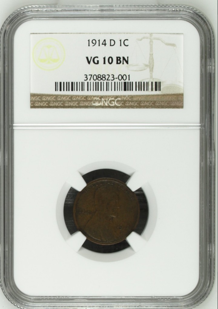 KEY DATE • 1914-D Lincoln Wheat Penny Cent - NGC VG 10 BN • Easily Under Graded