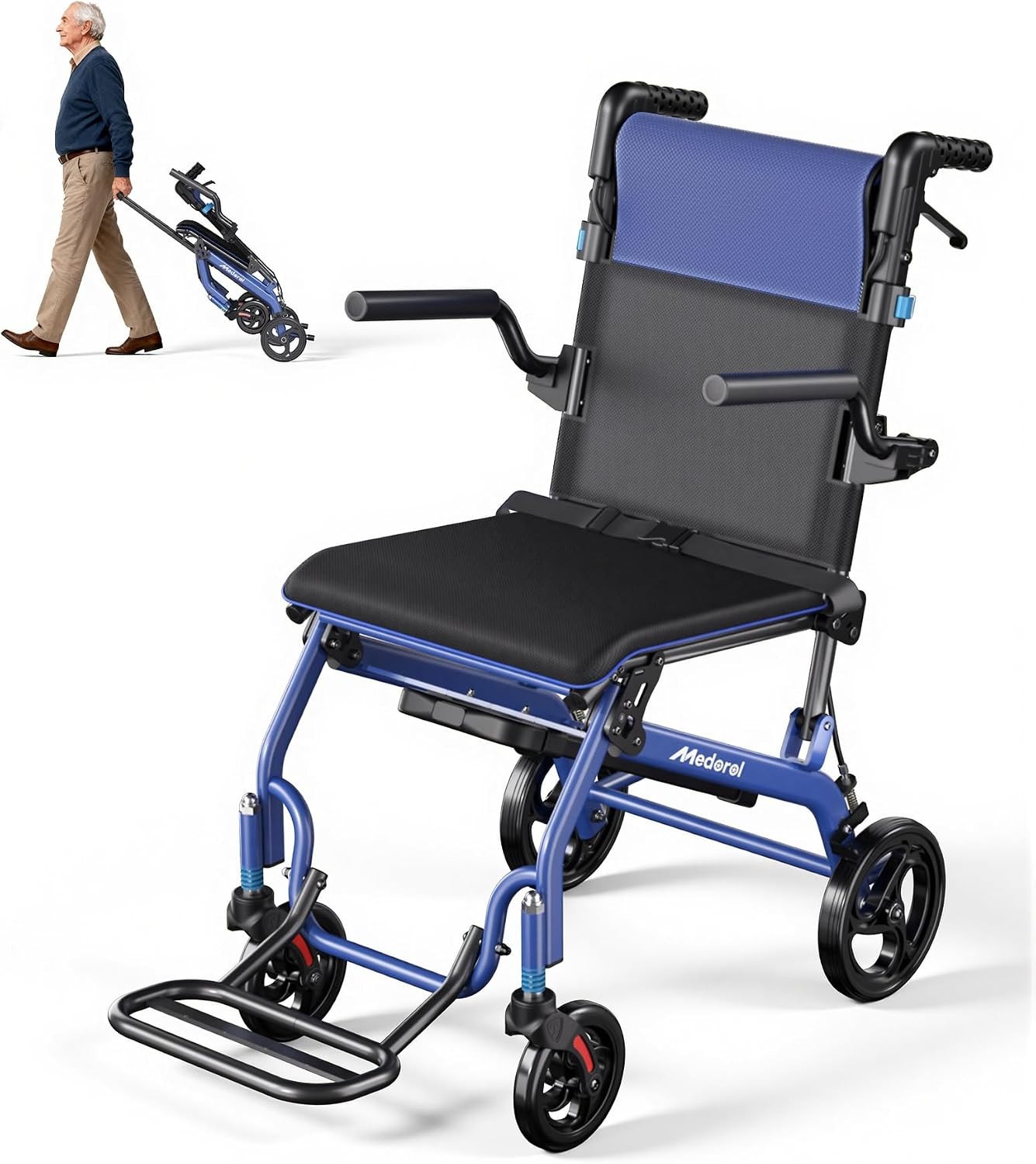 Medorol Lightweight Folding Transport Chair Blue Telescopic Handle 220 lb