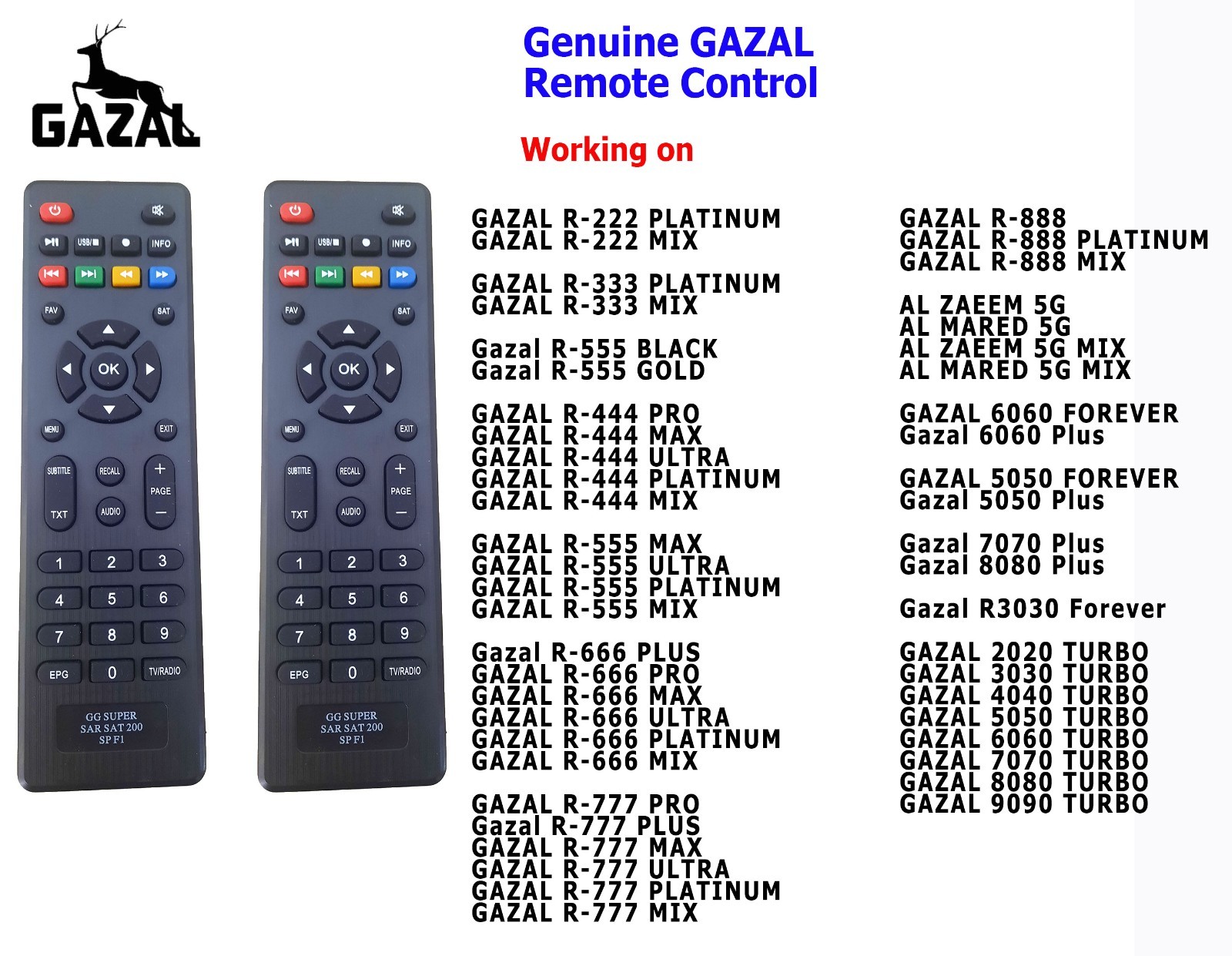 Gazal Receiver Two Remote Control Genuine working on R333, R444,R555, 3030, 4040 Gazal Receiver Two Remote Control Genuine working on R333, R444,R555, 3030, 4040
