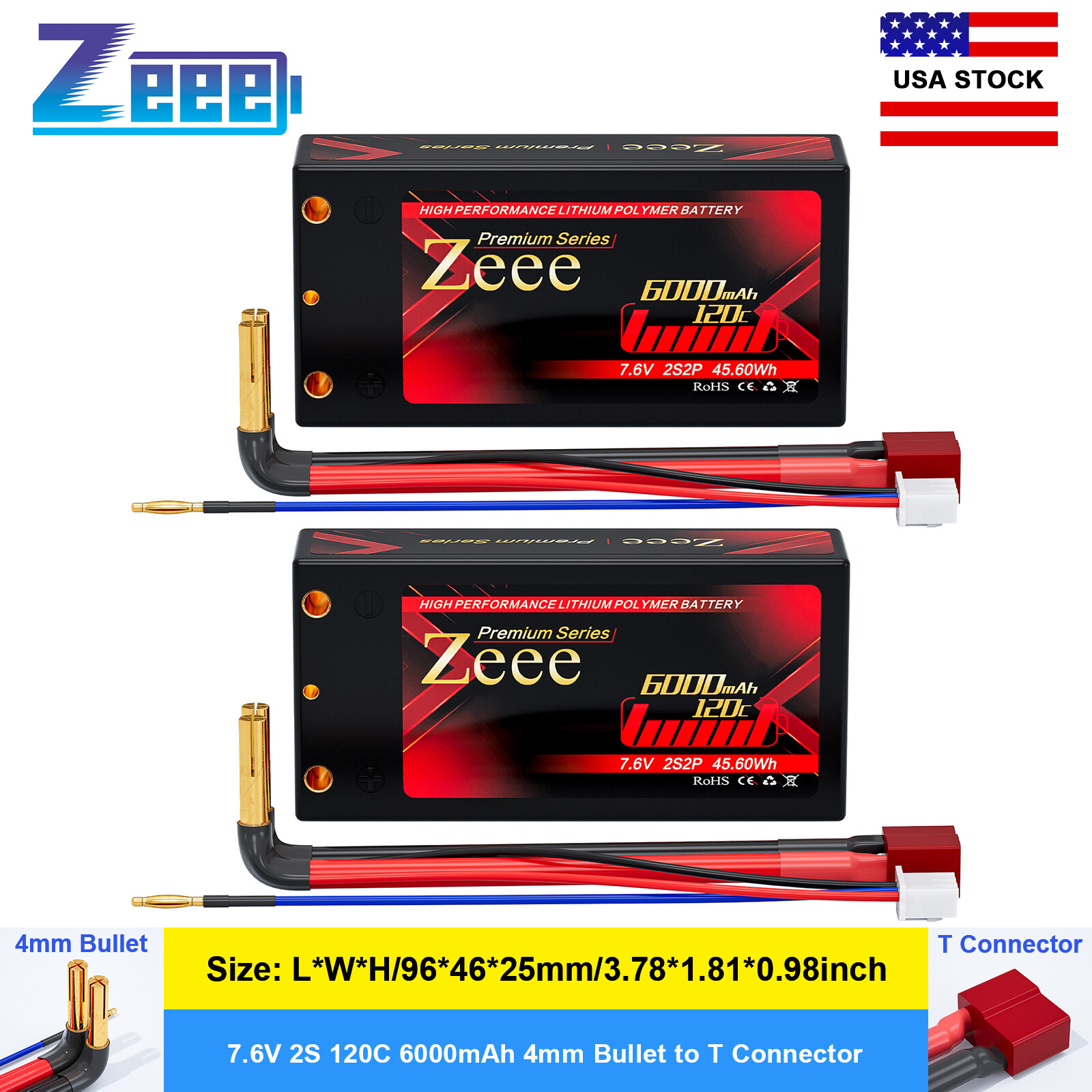 2x Zeee 7.6V 120C 2S Shorty Lipo Battery 6000mAh 4mm Bullet T Plug for RC Car