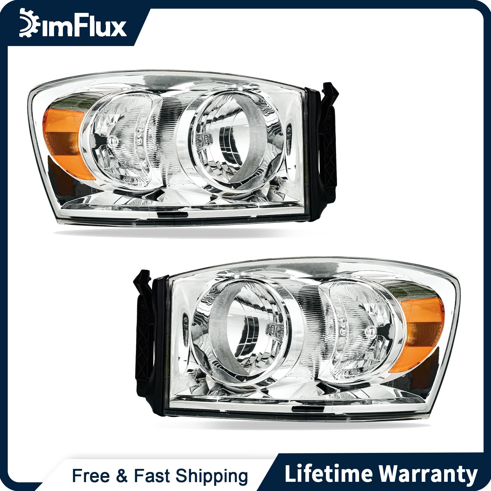 DimFlux Headlights Assembly for 06-08 Dodge Ram 1500 2500 3500 Chrome Housing DimFlux Headlights Assembly for 06-08 Dodge Ram 1500 2500 3500 Chrome Housing
