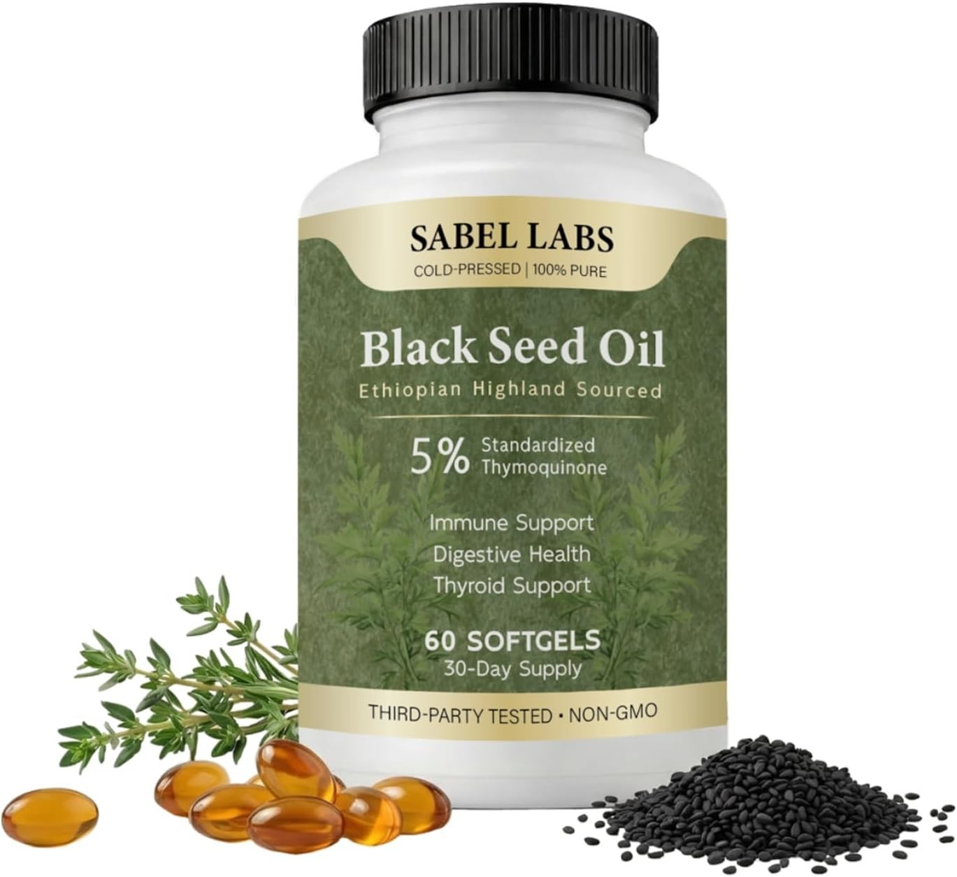 Sabel Ethiopian Black Seed Oil, Cold Pressed Black Seed Oil Capsules, 5% Thymoqu