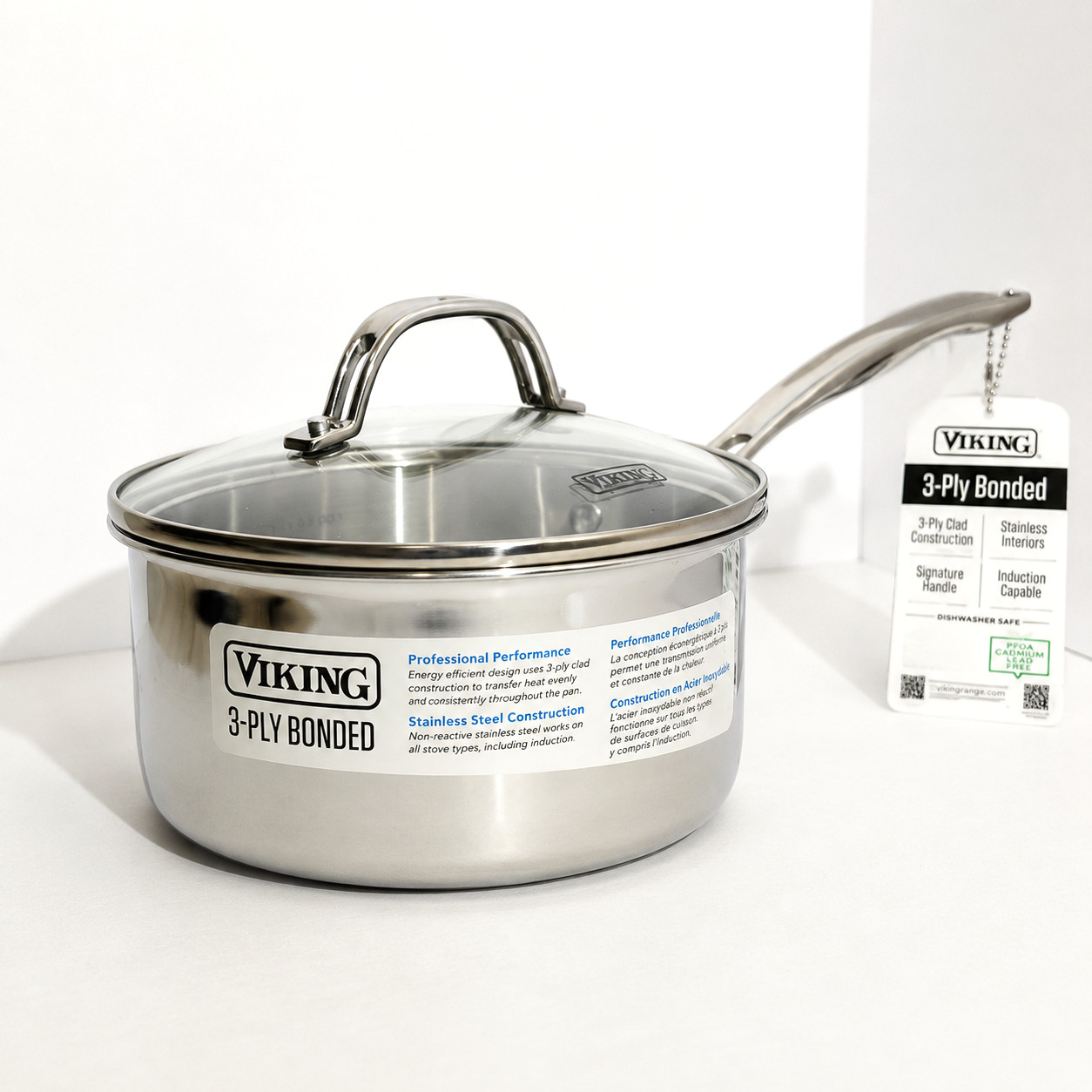 NEW VIKING 3-PLY STAINLESS STEEL MEDIUM SAUCEPAN W/GLASS LID HANDLE 2.25QT 2.1L