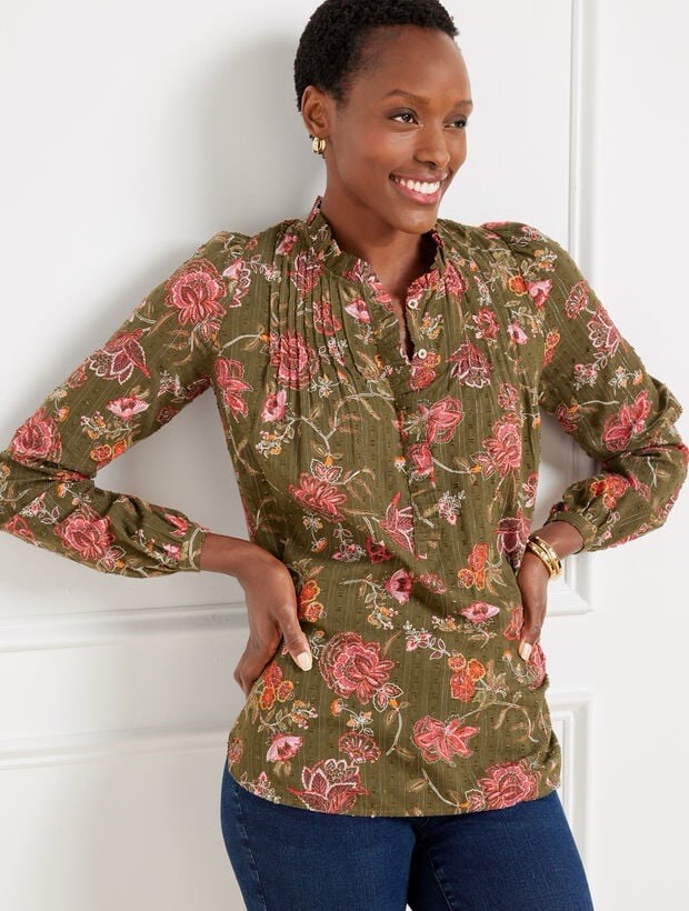 Talbots Womens Floral Pintuck Top Size Petite Large Green Pink Bloomcore Career